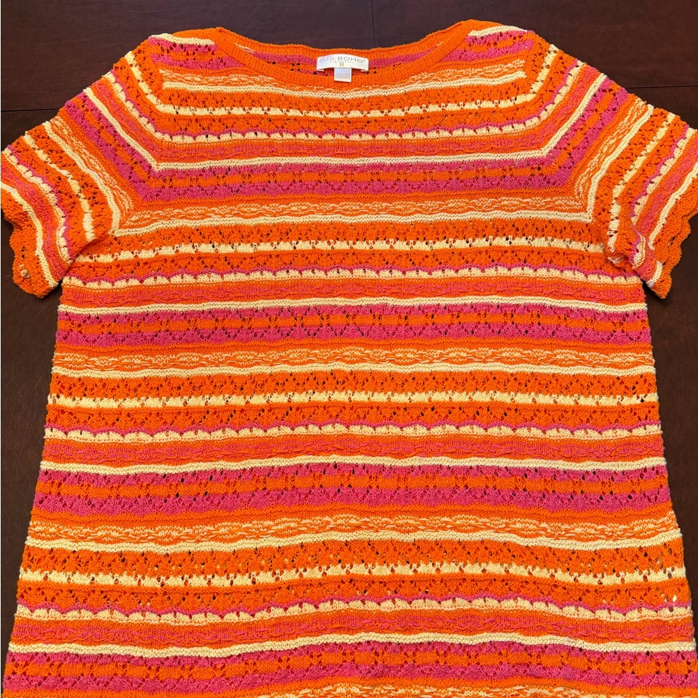 Belle Boho Kim Gravel M woman’s Bright Orange & Pink Striped Knit Top